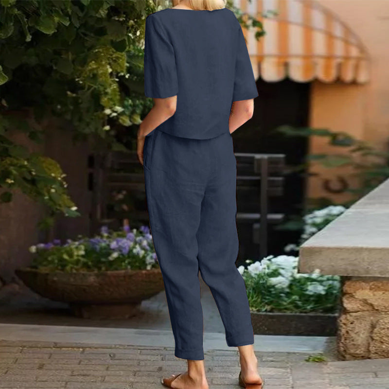 Valenzora | Damen-Hosenanzug-Set mit weitem Bein aus Baumwolle und Leinen
