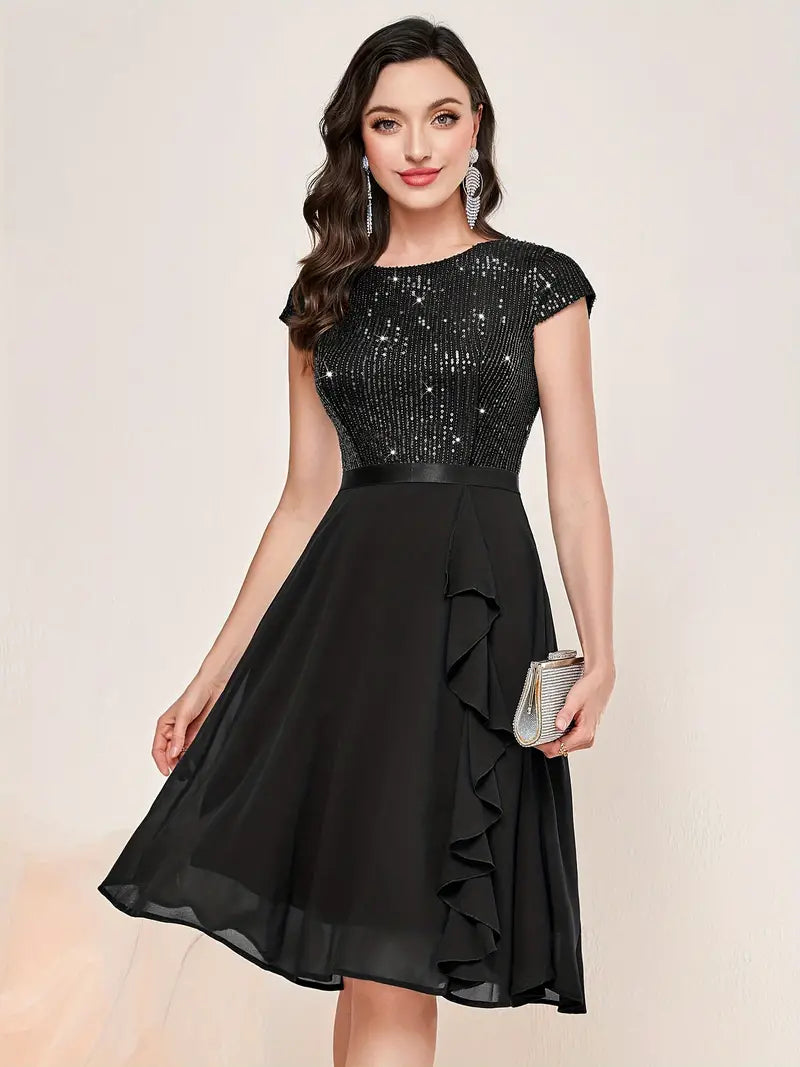 Valenzora | Elegant dress with short sleeves, sequins and ruffles