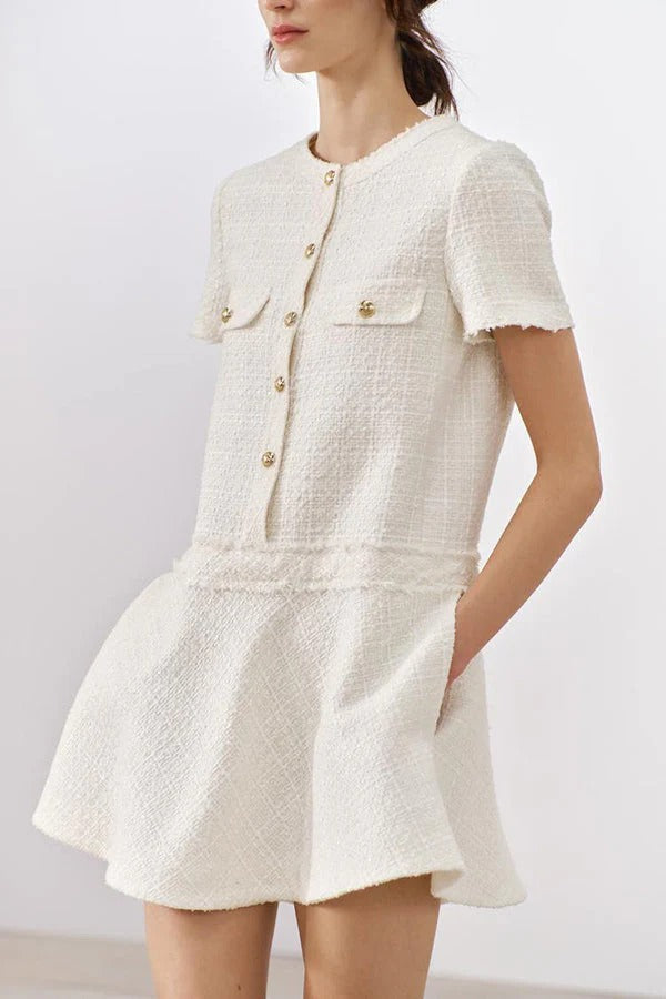 Valenzora | 1960s London Girl Tweed Textured Short-Sleeved Dress with Gold Buttons and Pockets