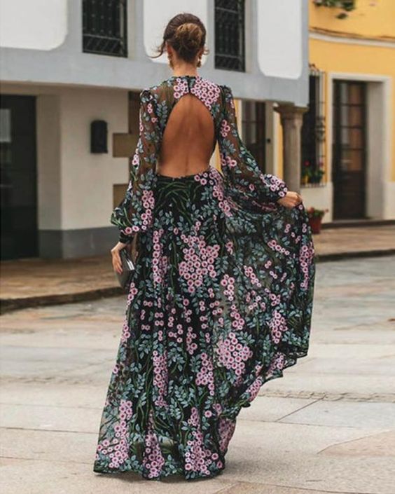 Valenzora | Vintage geblümtes rückenfreies Maxikleid