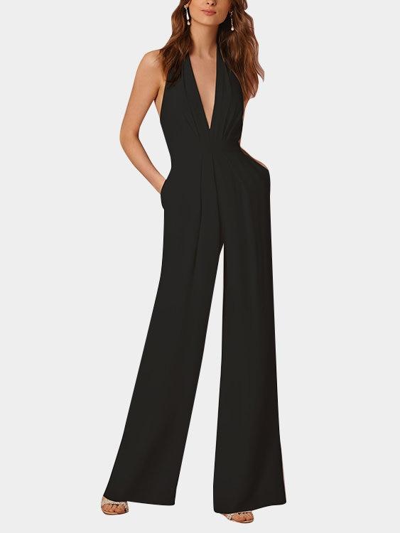 Valenzora | Tiefer V-Ausschnitt Ärmelloser Jumpsuit mit weitem Bein