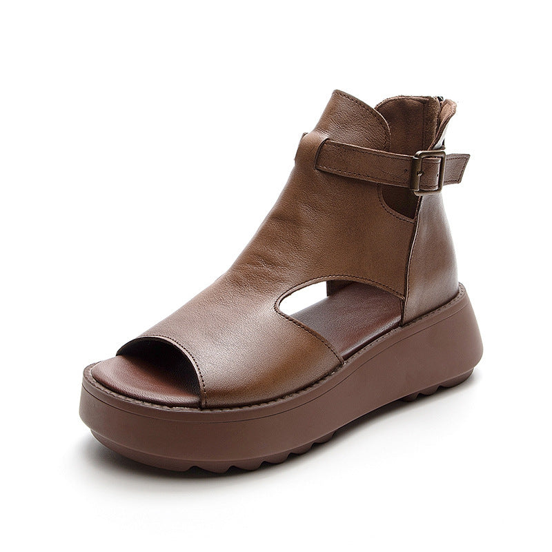 Valenzora | Summer New Retro First Layer Cowhide Back Peep Toe Sandals for Women