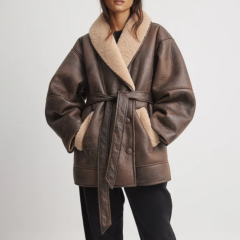 Valenzora | Kunstlederjacke mit Sherpa-Futter und Gürtel