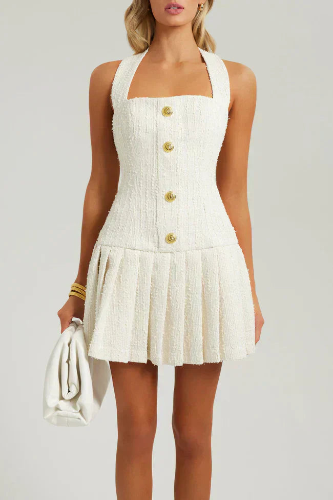 Valenzora | Sleeveless mini dress, square neckline, textured tweed, button front, elegant fit