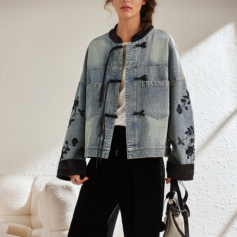 Valenzora | Jeansjacke mit Vintage-Blumenmuster