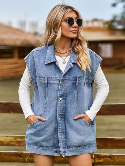 Valenzora - button-up, buttoned sleeveless denim jacket