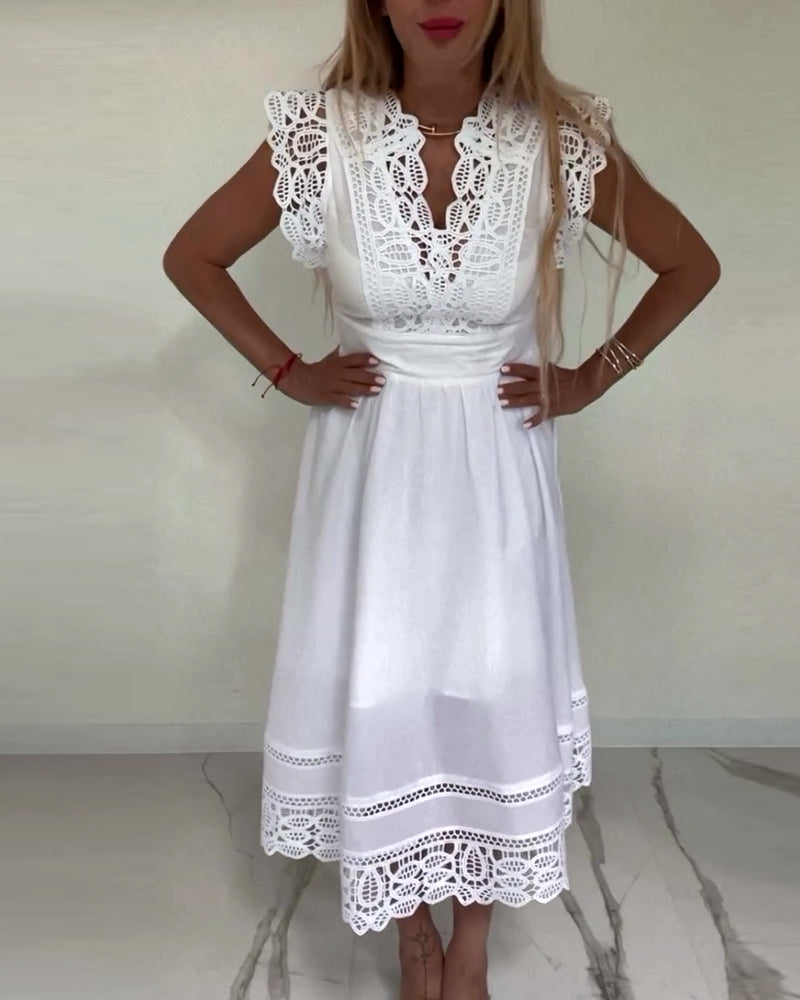 Valenzora | Elegantes ärmelloses Kleid aus unifarbener Spitze mit V-Ausschnitt