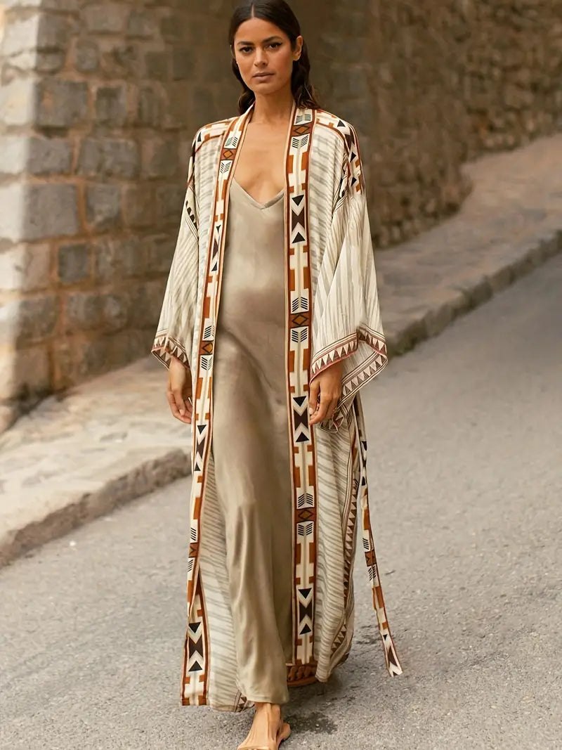 Valenzora | Boho Plus Size Kimono mit Bindegürtel Maxi-Tunika