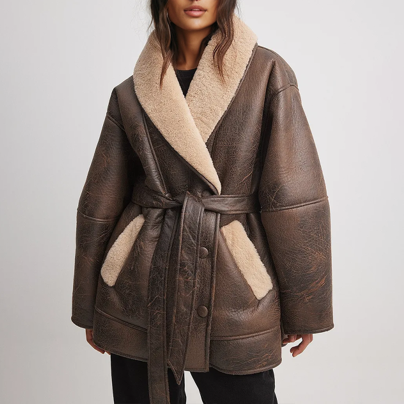 Valenzora | Kunstlederjacke mit Sherpa-Futter und Gürtel