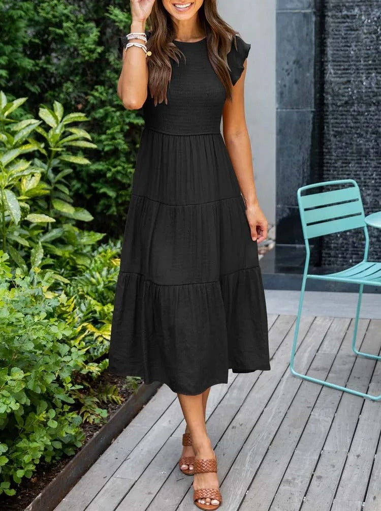 Valenzora | Elegant pleated layered dress with short sleeves