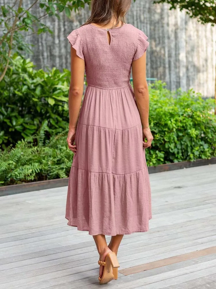 Valenzora | Elegant pleated layered dress with short sleeves