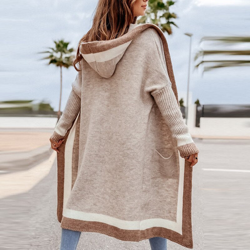 Valenzora Cardigan | Beige long knit cardigan with hood