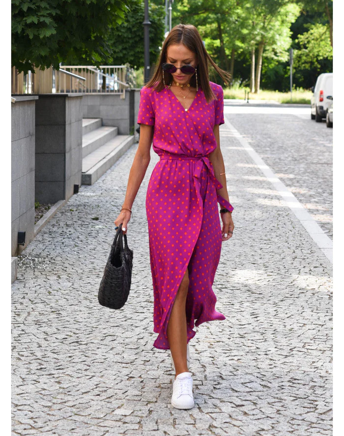 Polka dot maxi dress – Airy dress with V-neck, tie belt & slit