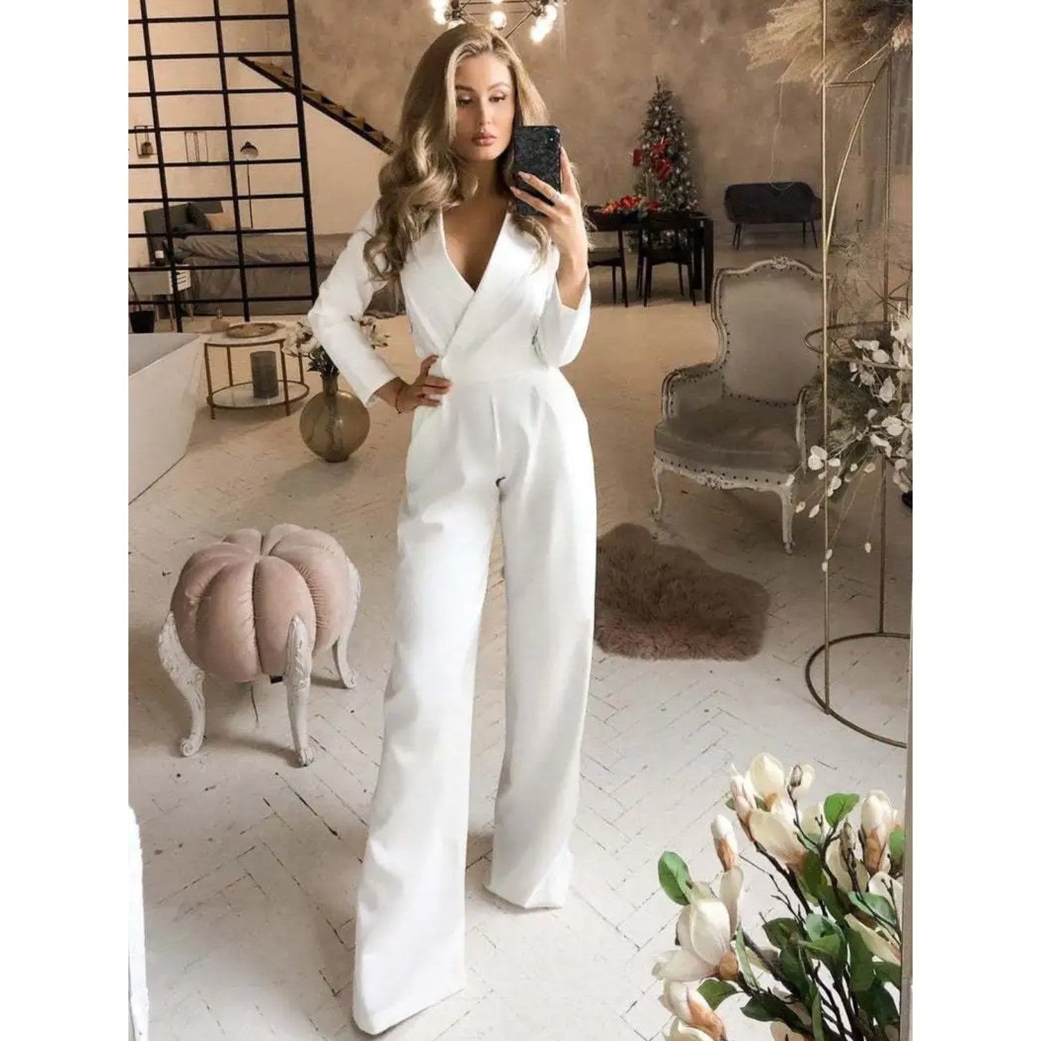 Valenzora | Elegant White V-Neck Jumpsuit for Women