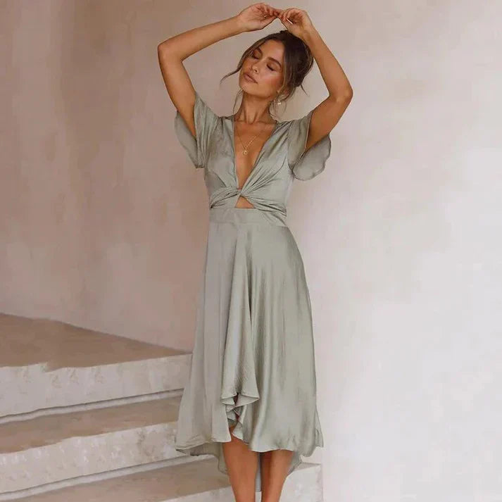 Valenzora - Elegant silk wrap dress with flutter sleeves and V-neck | Chic wrap dress with V-neck and flutter sleeves