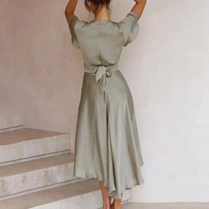 Valenzora - Elegant silk wrap dress with flutter sleeves and V-neck | Chic wrap dress with V-neck and flutter sleeves