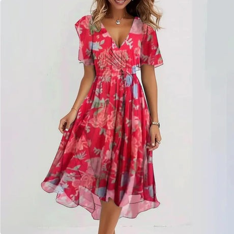 Valenzora | Floral V-neck dress with flowing skirt for women