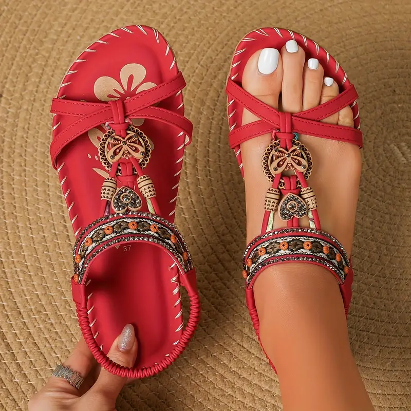 Valenzora | Boho Rhinestone Style Open Toe Elastic Strap Sandals