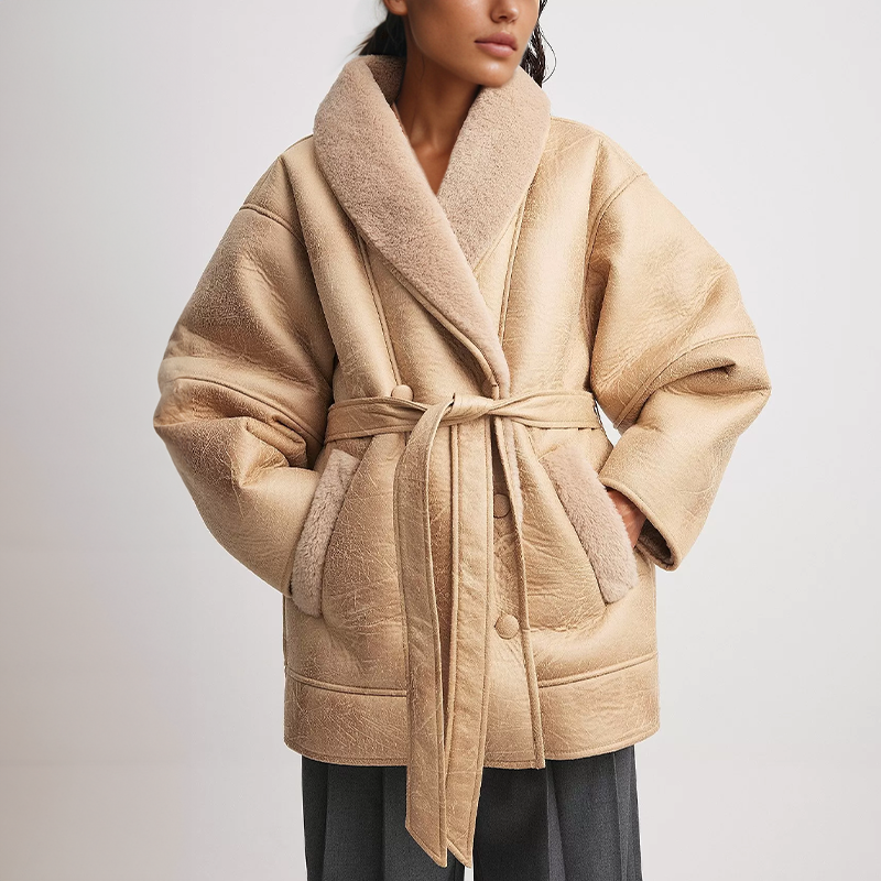 Valenzora | Kunstlederjacke mit Sherpa-Futter und Gürtel