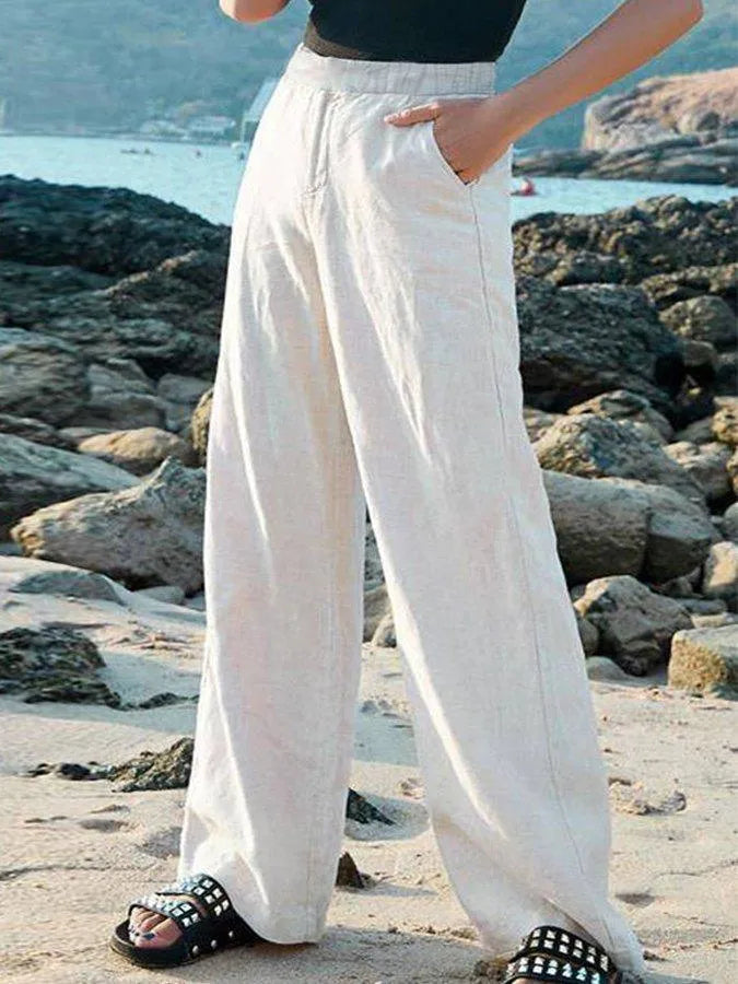 Valenzora | Wide-leg trousers 100% linen Elastic waistband Breathable lightweight fabric