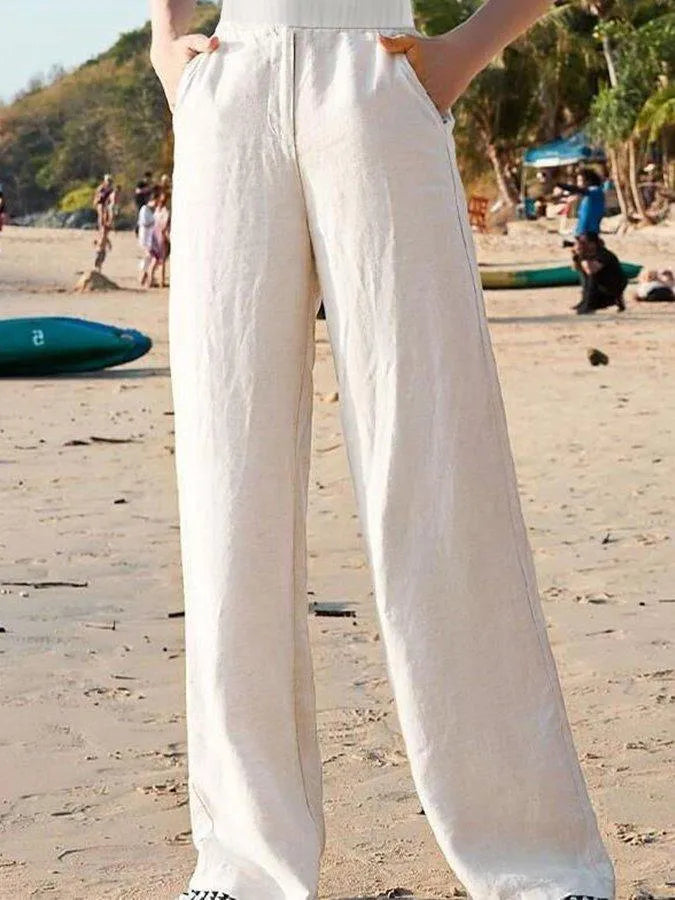 Valenzora | Wide-leg trousers 100% linen Elastic waistband Breathable lightweight fabric