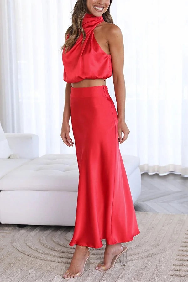 Valenzora | Such a mood High-necked satin draped maxi skirt set