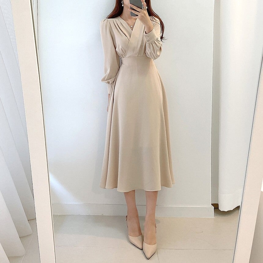 Valenzora V-neck Puff Sleeve A-line Dresses