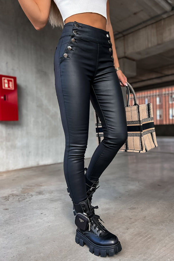 Valenzora | Jingle High Rise Button Faux Leather Leggings