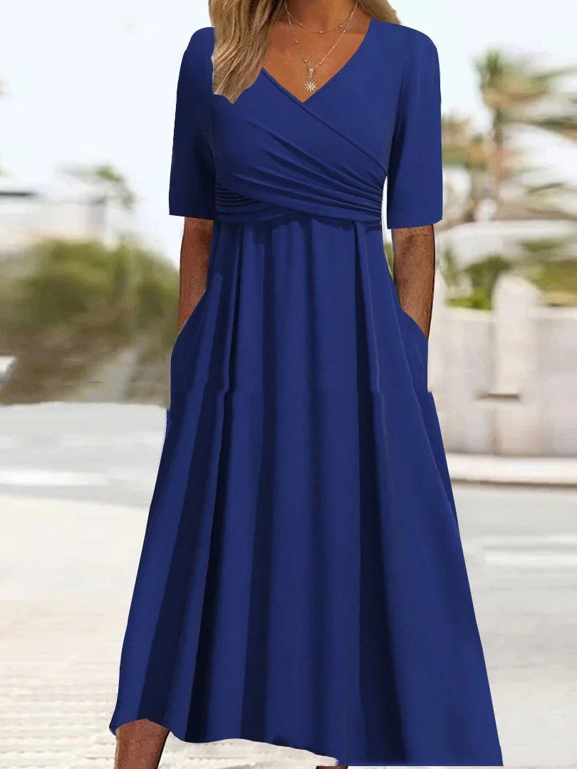 Valenzora | Blue, simple midi dress with V-neck