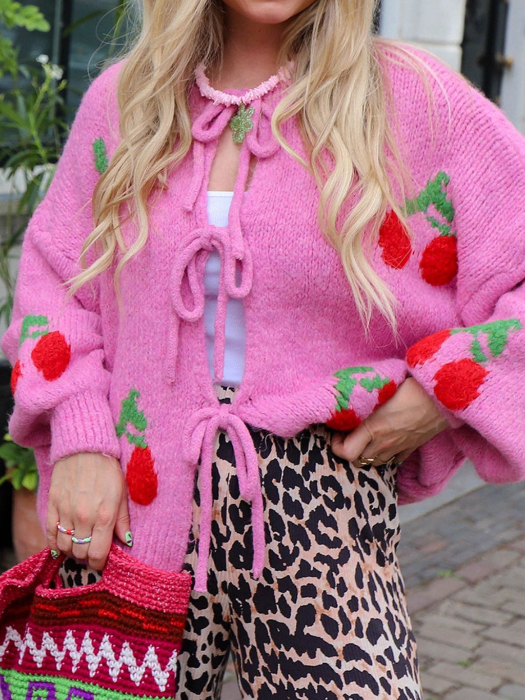 Valenzora | Bound Cherry Round Neck Long Sleeve Cardigan