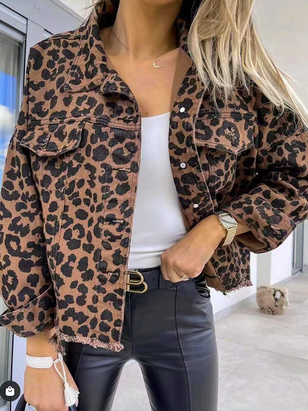 Valenzora - Denim jacket with leopard print and long sleeves