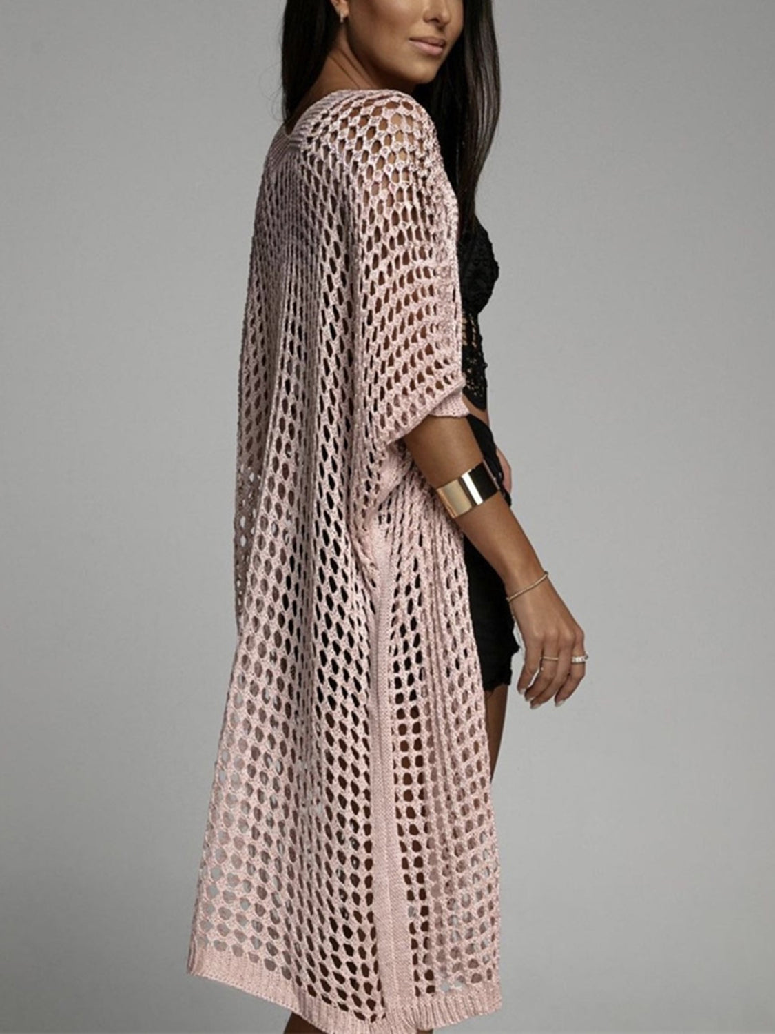 Valenzora | Openwork open front, three-quarter sleeve cover-up