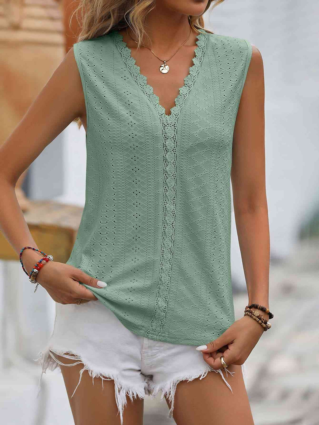 Valenzora | Split Lace V-Neck Sleeveless Shirt