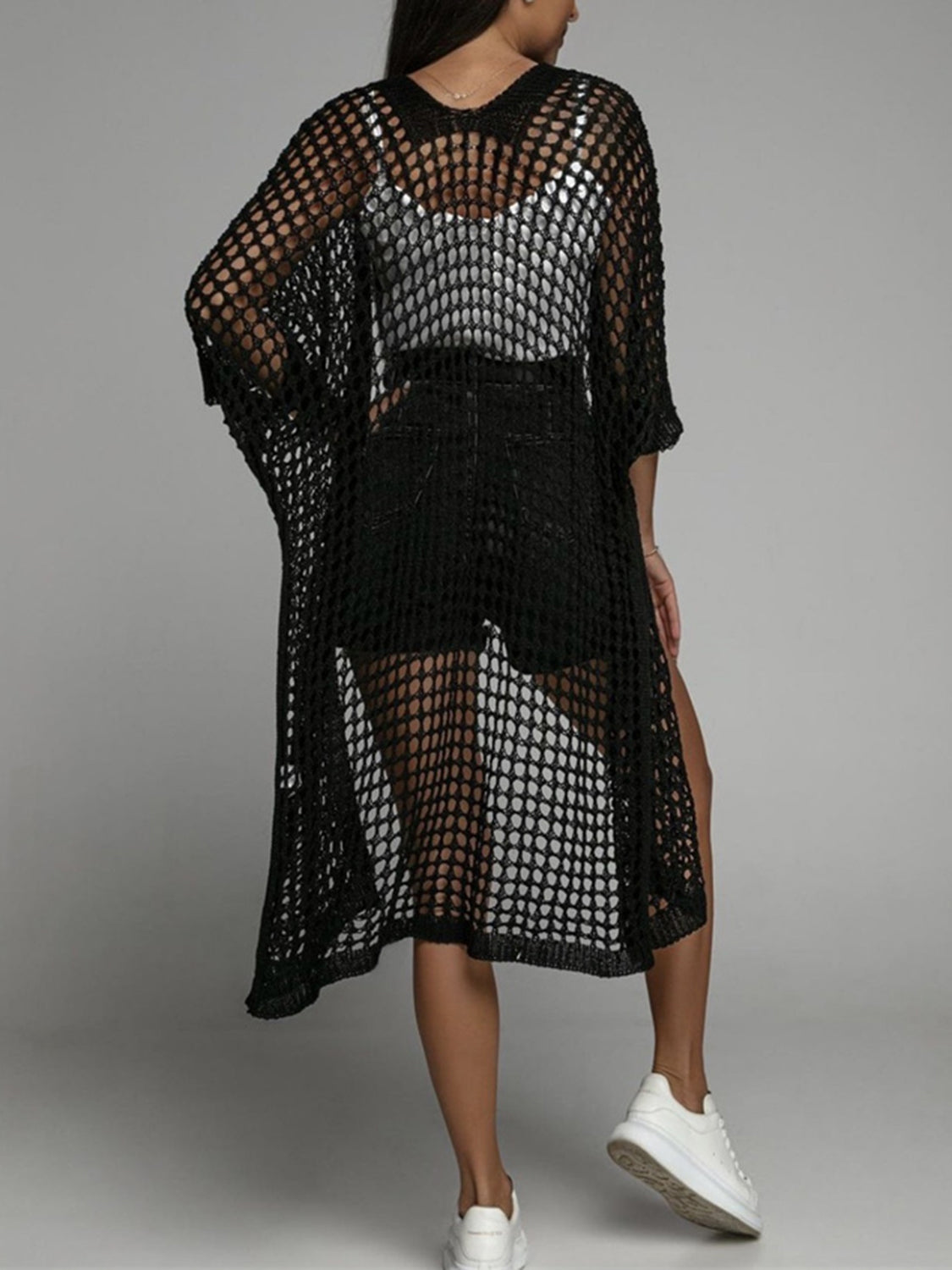 Valenzora | Openwork open front, three-quarter sleeve cover-up