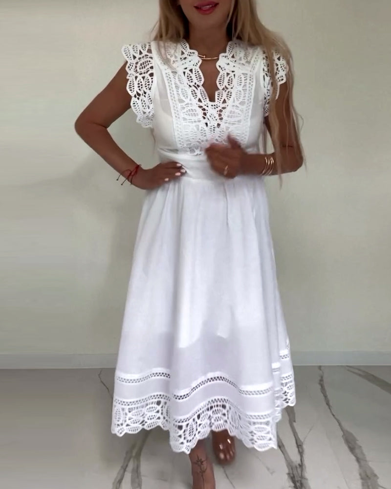 Valenzora | Elegantes ärmelloses Kleid aus unifarbener Spitze mit V-Ausschnitt