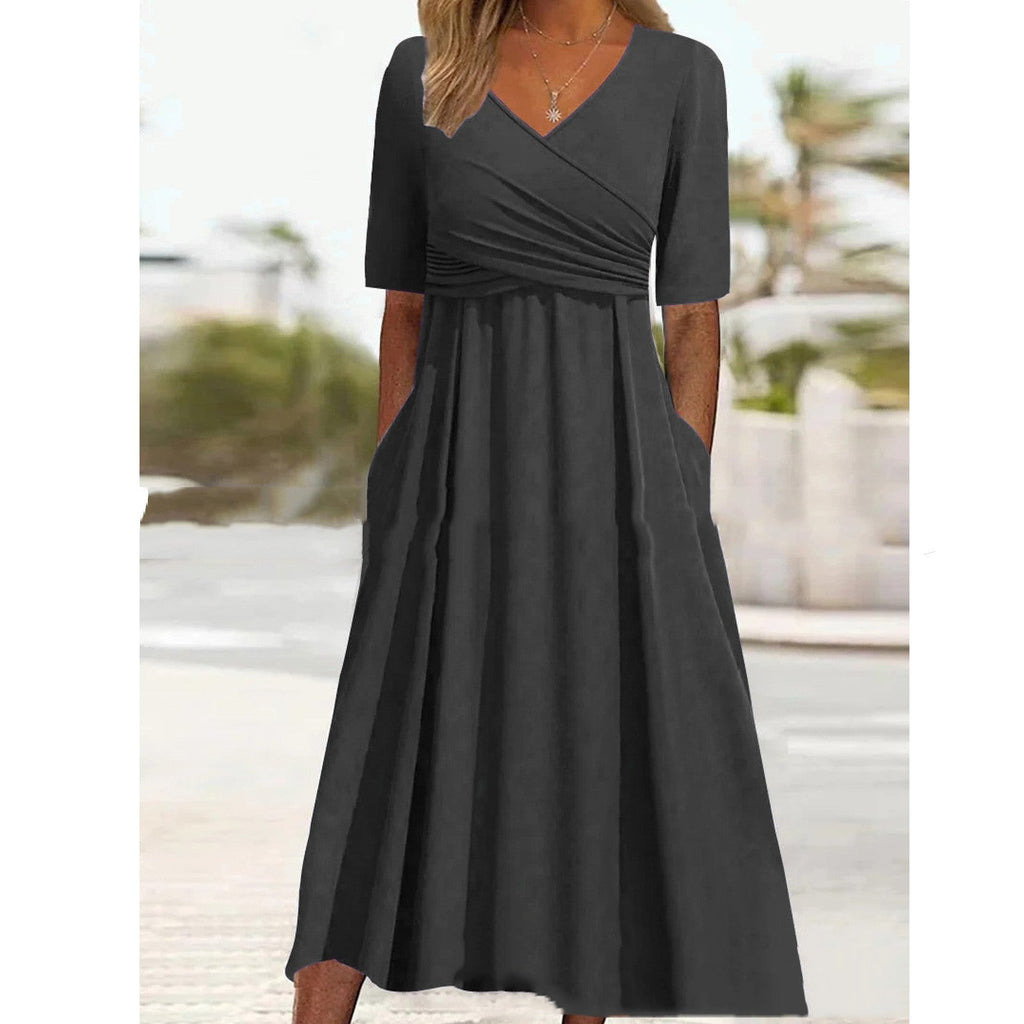 Valenzora | Blue, simple midi dress with V-neck