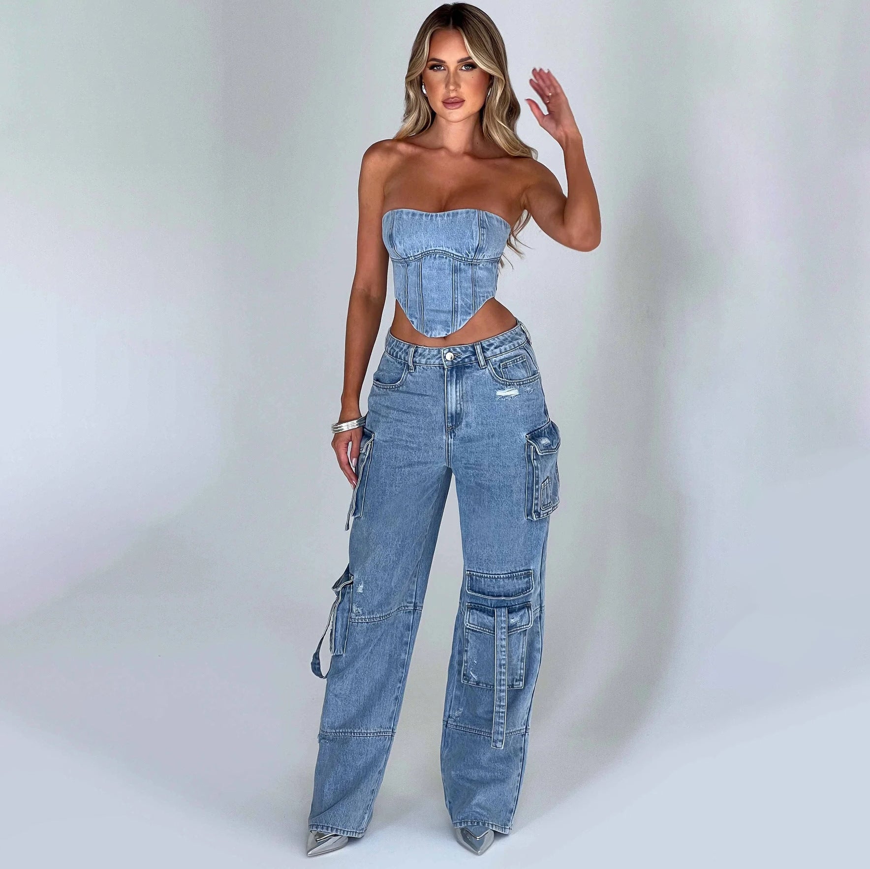 Valenzora | Jeansanzug Sommer Sexy Rückenfreies Tube Top und Cargohose mit Mehreren Taschen Modischer Langer Hosenanzug Damenbekleidung