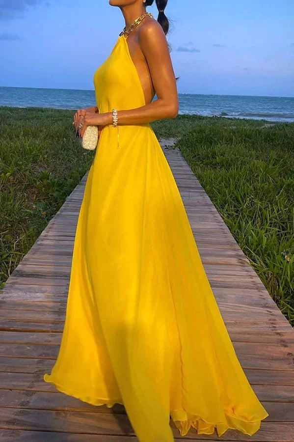 Valenzora | Sunny In Santorini Chain Halter Backless A-Line Holiday Maxi Dress
