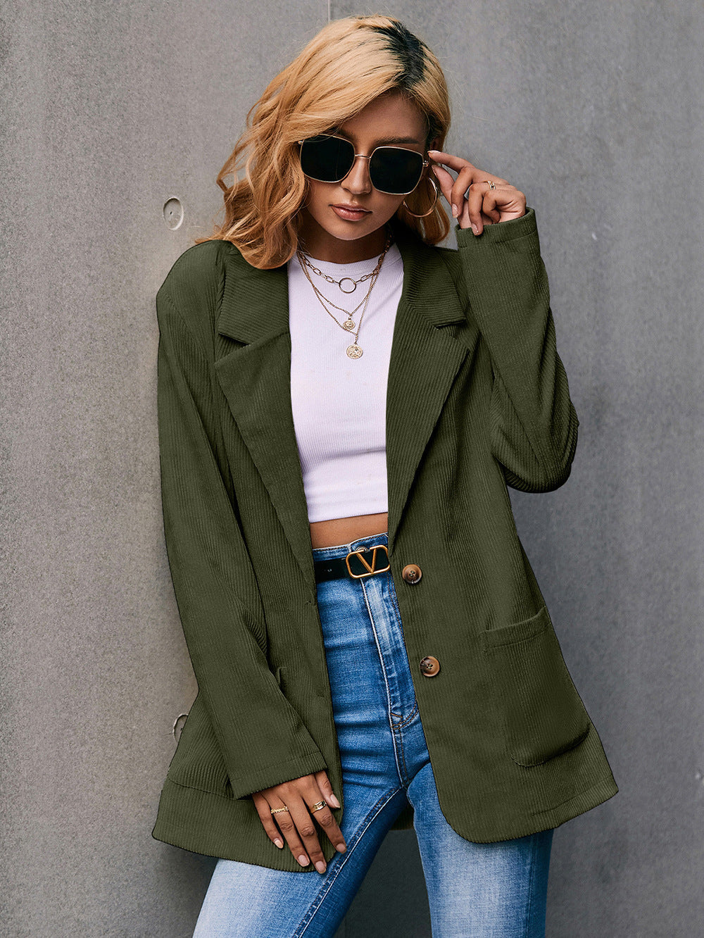 Valenzora | Corduroy Long-Sleeve Longline Blazer with Pockets