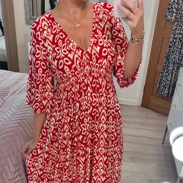 Valenzora | Long, loose dress with V-neck and drawstring belt