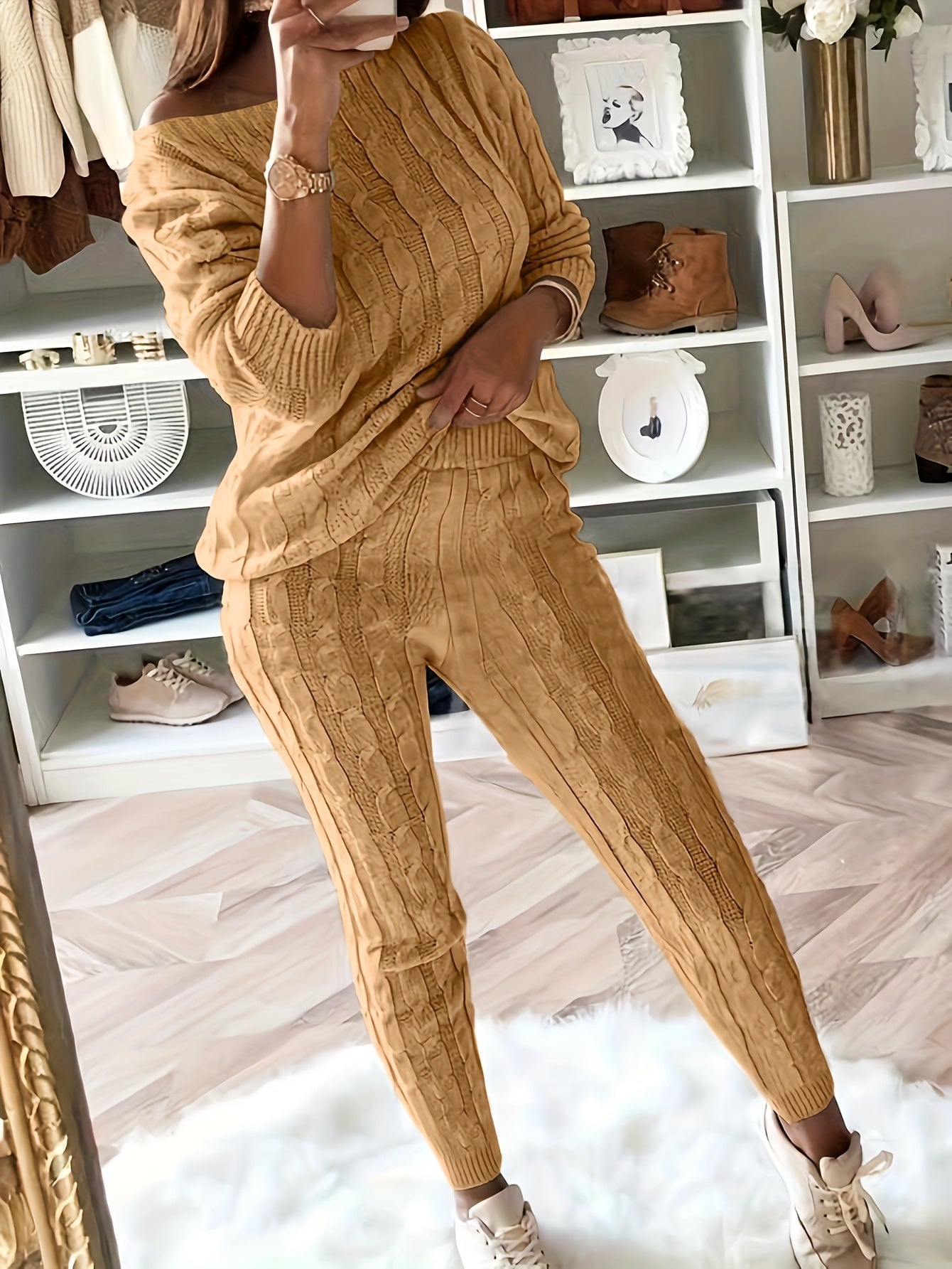 Valenzora Knitted Matching Sweatshirt & Trousers Outfit Two-Piece Set