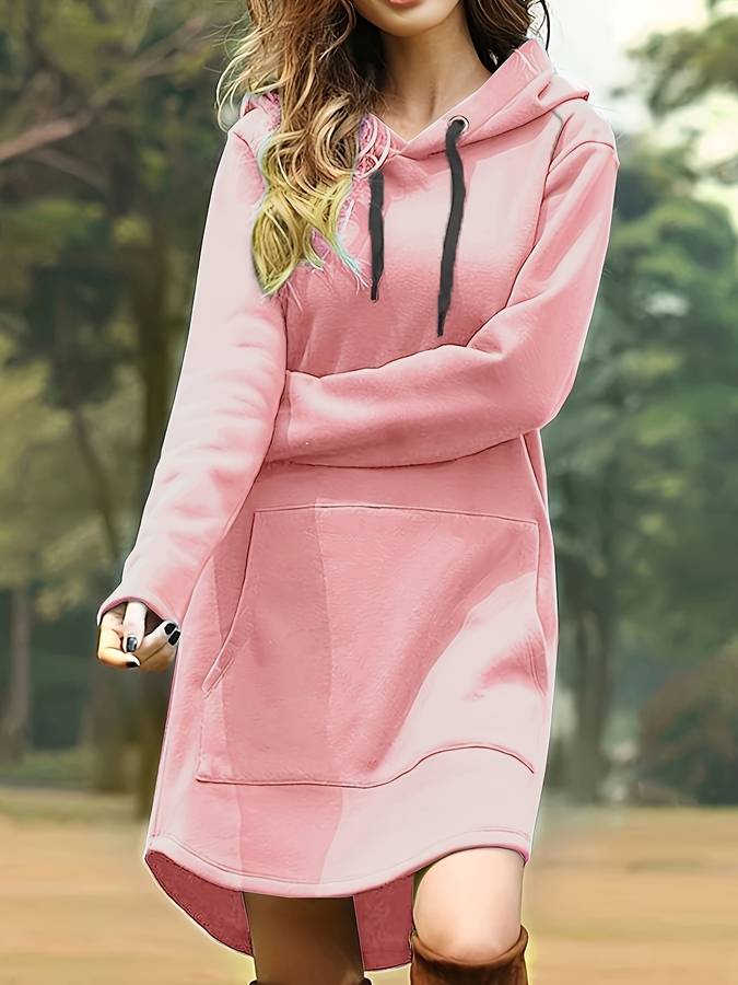 Valenzora - Red hooded sweatshirt dress with pockets