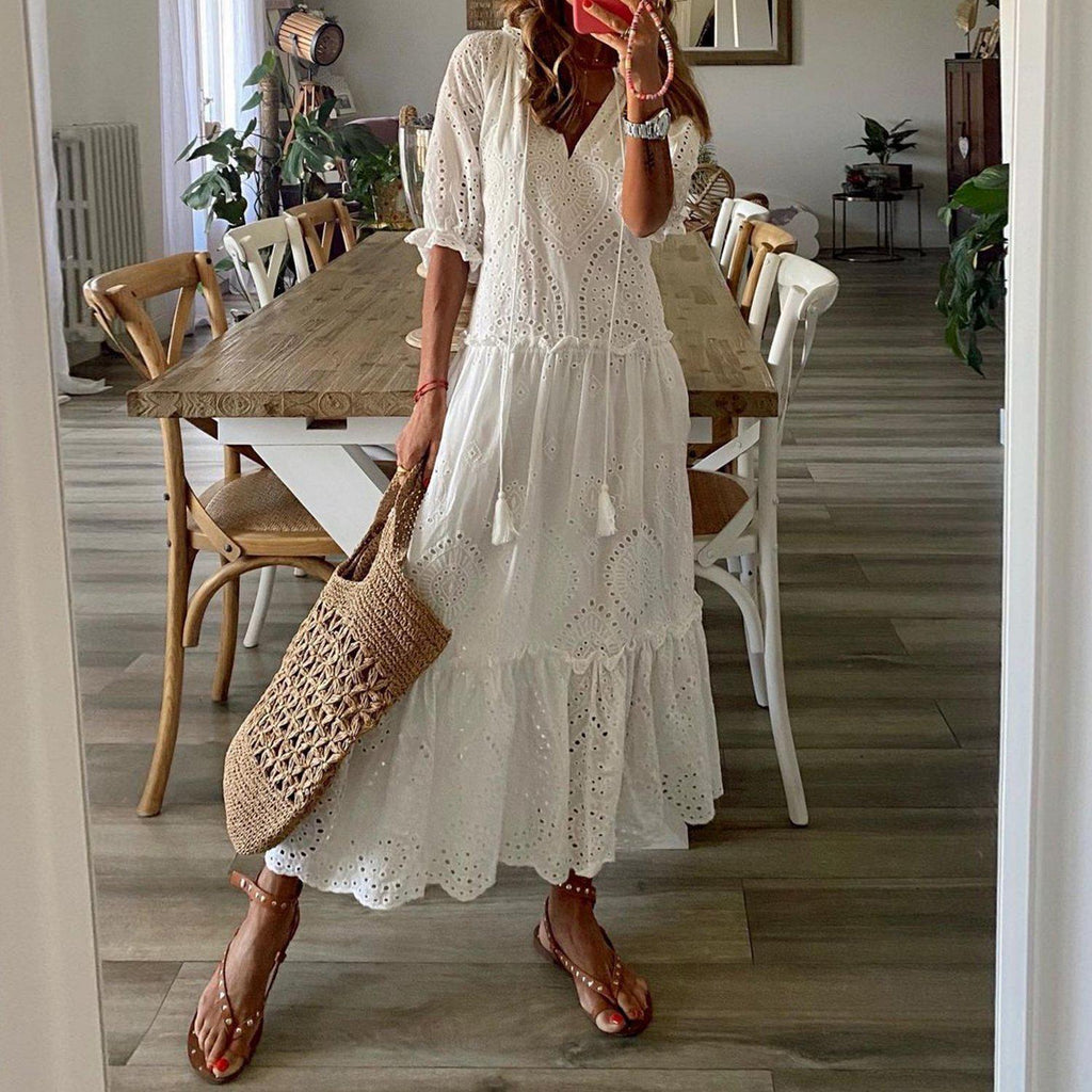 Valenzora | Romantic White Short-Sleeve Maxi Dress
