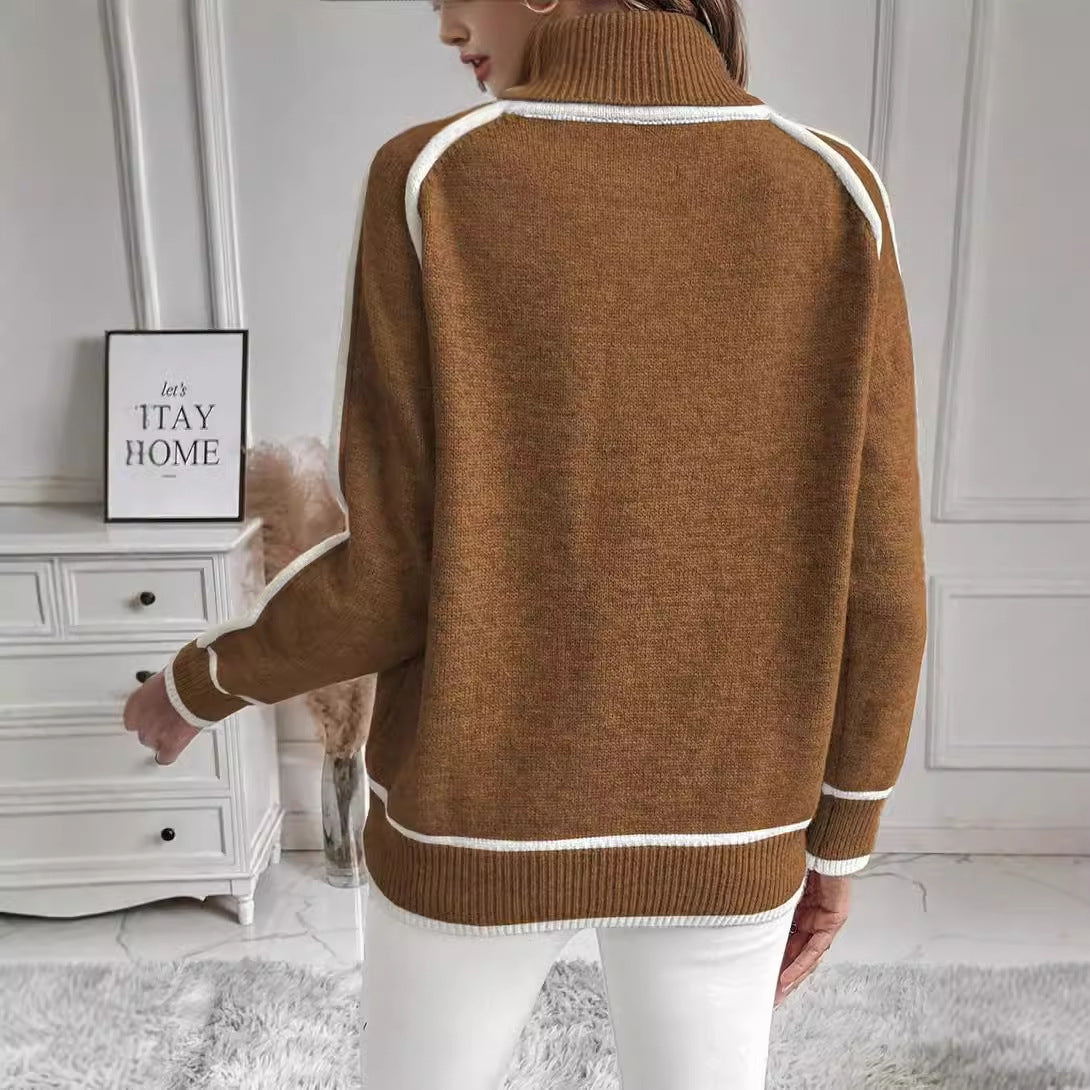Valenzora | Women's roll-neck sweater with contrasting seams - casual oversized sweater