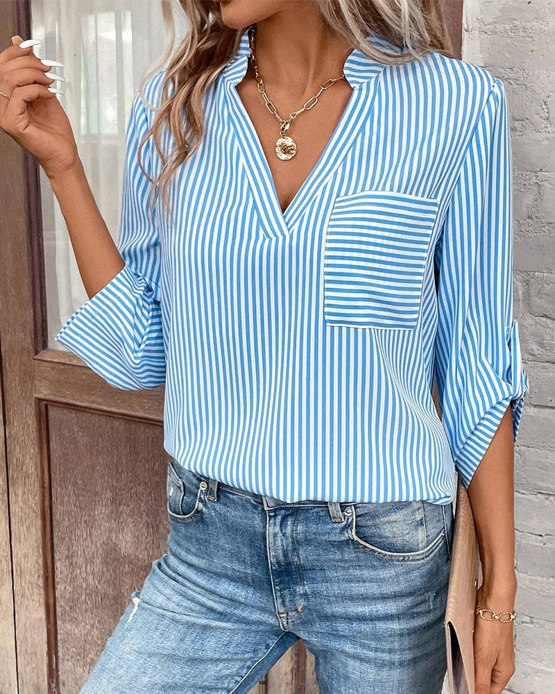 Valenzora | striped shirt with V-neck and chest pocket
