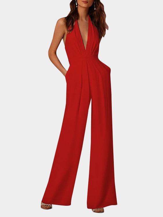 Valenzora | Tiefer V-Ausschnitt Ärmelloser Jumpsuit mit weitem Bein