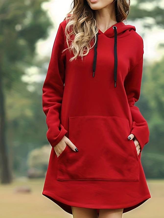 Valenzora - Red hooded sweatshirt dress with pockets