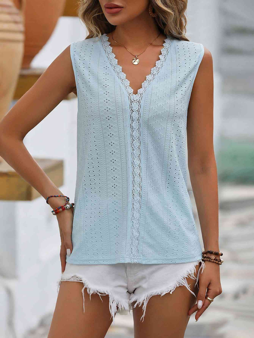 Valenzora | Split Lace V-Neck Sleeveless Shirt