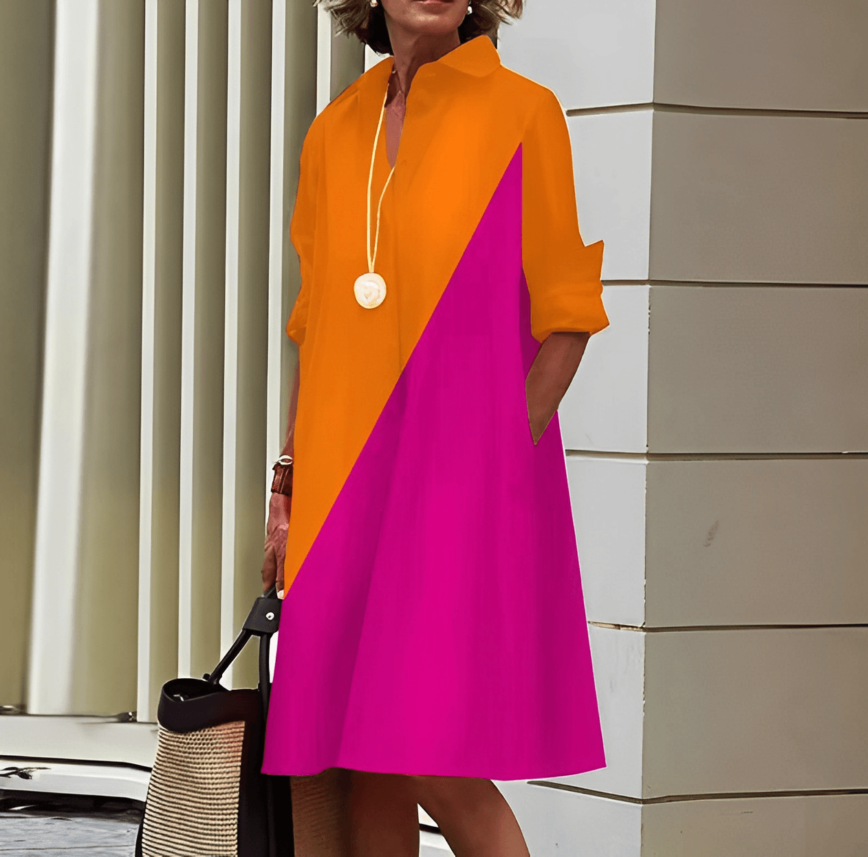 Hemdblusenkleid mit Umlegekragen und Dreiviertelärmeln