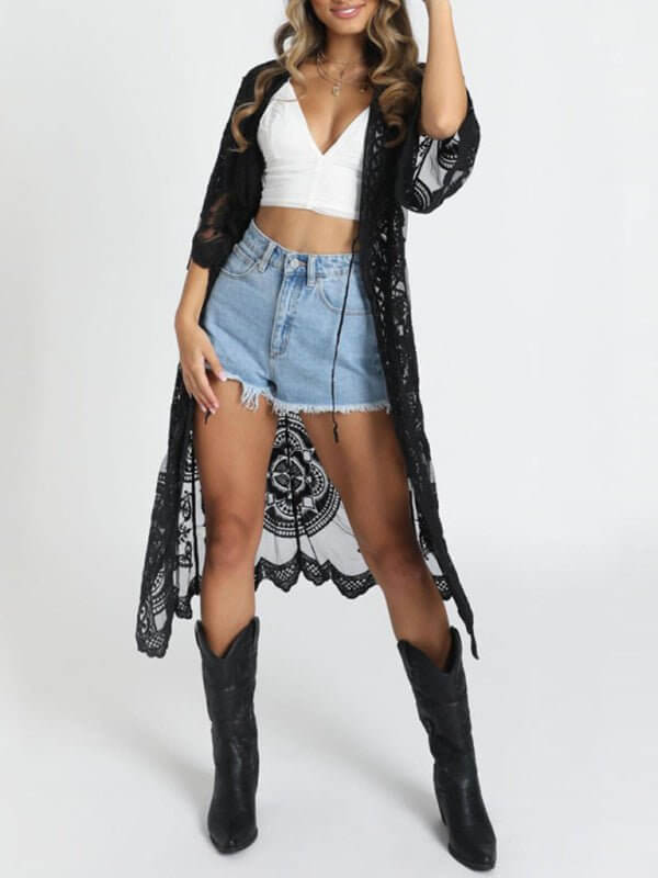 Valenzora | Bestickter Spitzenbikini und Strandponcho aus Netzstoff